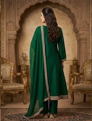 Emerald Green Frock Style Kurta Set with Dupatta for Women