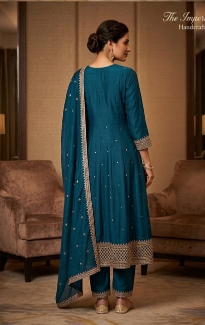 Teal Blue Embroidered Straight Kurta Pant Set with Dupatta
