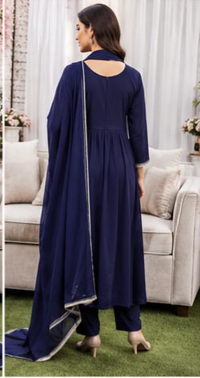 Navy Blue Embroidered Yoke Frock Style Kurta Pant Set with Dupatta