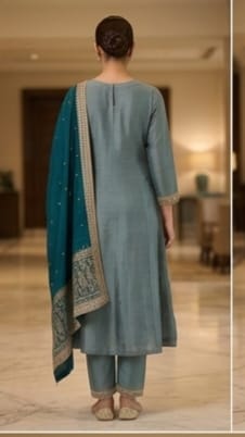Grey Embroidered Frock Style Kurta Pant Set with Teal Dupatta