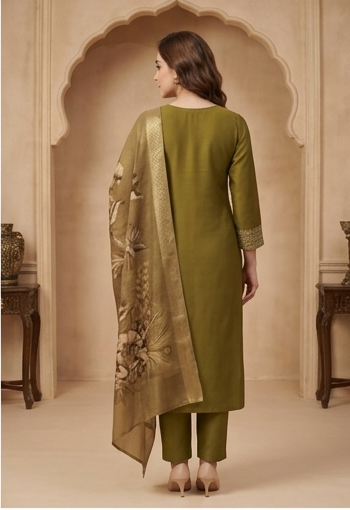 Henna Green Embroidered Frock Style Kurta Set with Printed Dupatta for Women