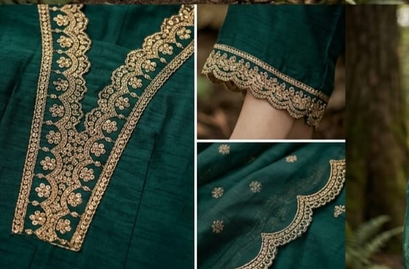 Bottle Green Embroidered Frock Style Kurta Pant Set with Dupatta