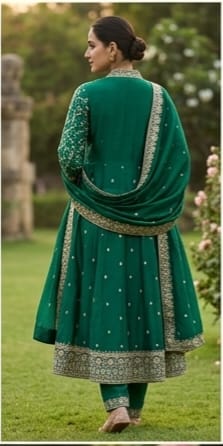 Green Embroidered Frock Style Kurta Pant Set with Dupatta