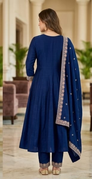 Navy Blue Embroidered Frock Style Kurta Pant Set with Dupatta