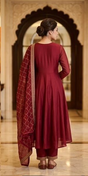 Maroon Embroidered Frock Style Kurti Pant Set with Dupatta