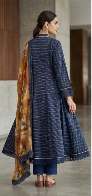 Navy Blue Dotted Frock Flare Kurta Pant Set with Printed Dupatta
