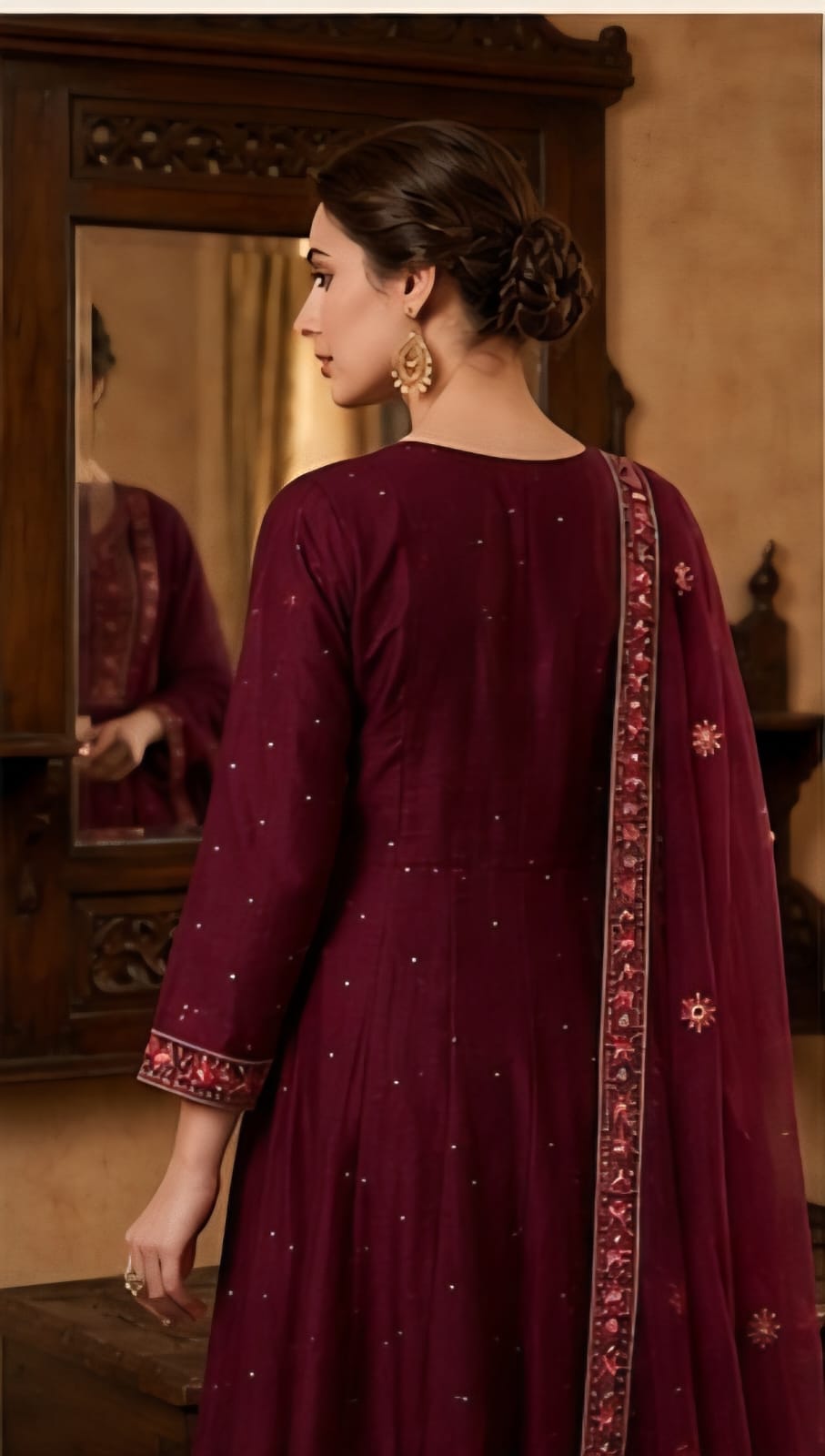 Wine Embroidered Frock Style Kurta Pant Set with Dupatta