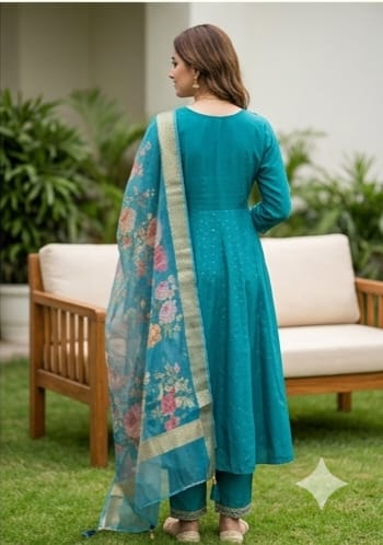 Turquoise Blue Embroidered Frock Style Kurta Pant Set with Printed Dupatta