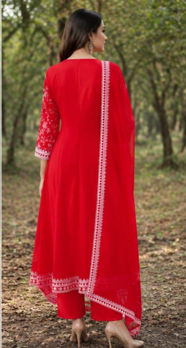 Red Embroidered Frock Style Front Cut Kurta Pant Set with Dupatta