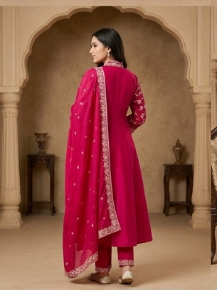 Rani Pink Embroidered Frock Style Kurta Set with Dupatta for Women