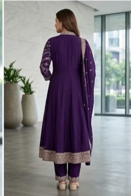 Purple Embroidered Frock Style Kurta Pant Set with Dupatta