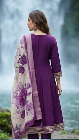 Purple Frock Style Kurta Pant Set with Floral Dupatta