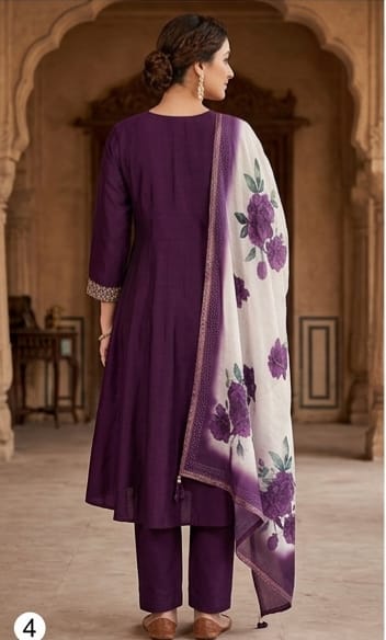 Purple Embroidered Frock Style Kurta Pant Set with Floral Dupatta2