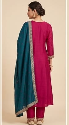 Rani Pink Embroidered Frock Style Kurta Pant Set with Contrast Dupatta