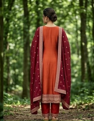 Rust Orange Embroidered Frock Style Kurta Pant Set with Maroon Dupatta