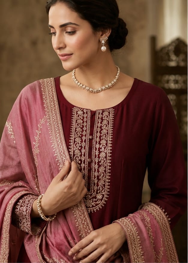 Wine Embroidered Frock Style Kurta Pant Set with Contrast Dupatta