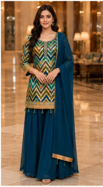 Teal Blue Chevron Printed Palazzo Set with Dupatta