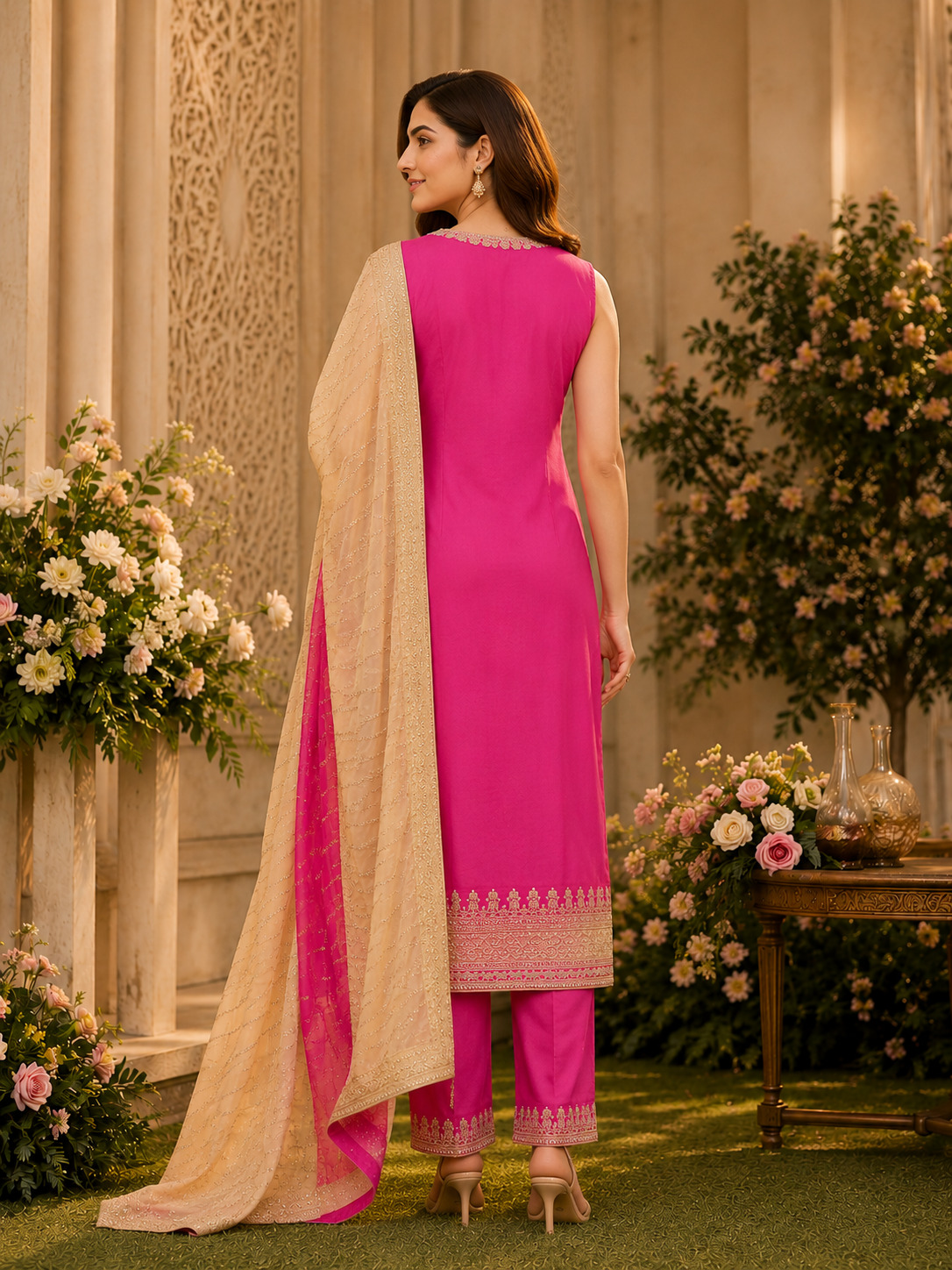 Rani Pink Embroidered Straight Suit Set with Beige Dupatta