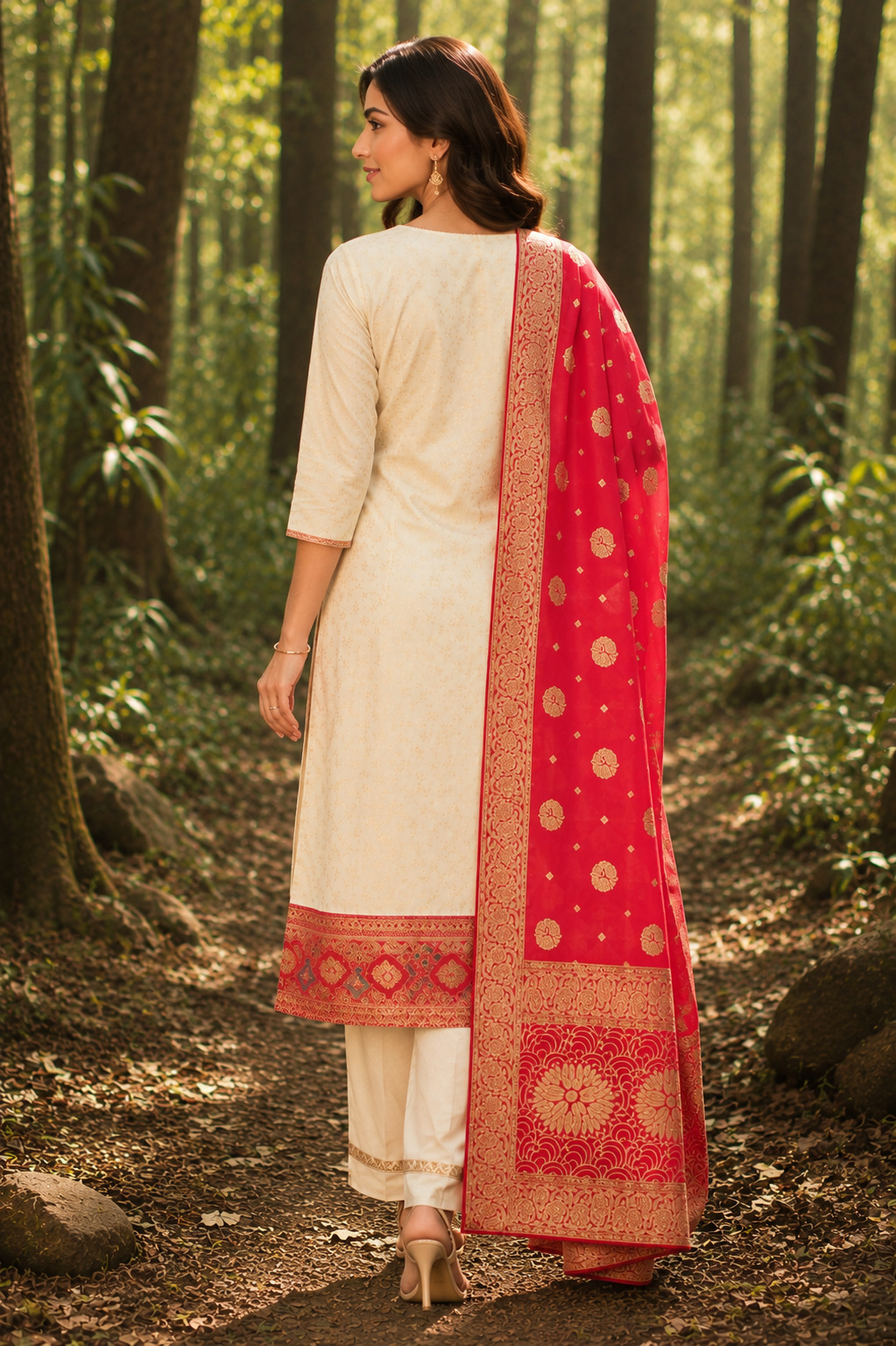 Elegant Cream Embroidered Kurta Pant Set with Dupatta