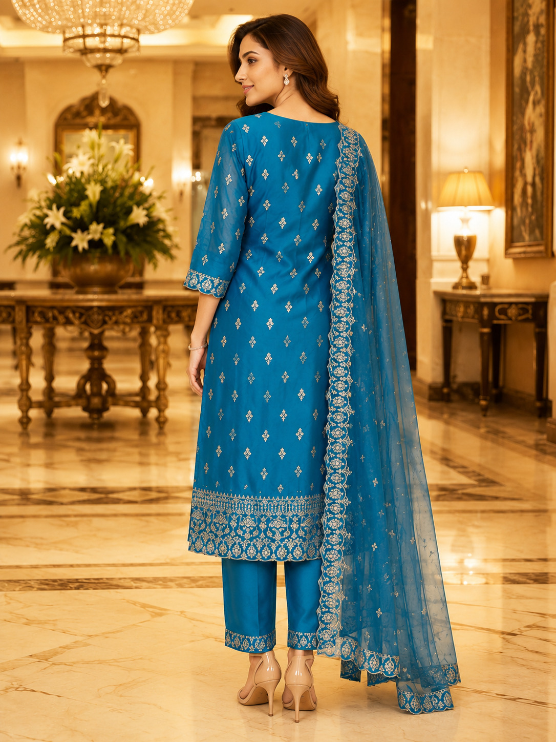 Royal Teal Blue Embroidered Straight Suit Set with Dupatta
