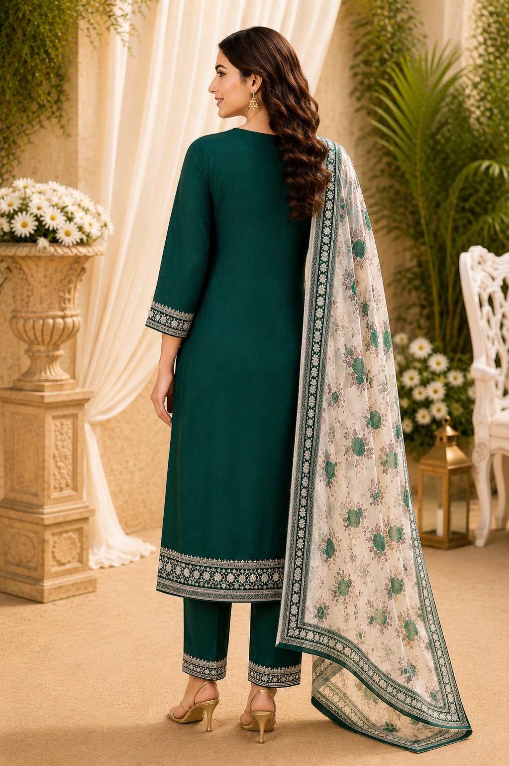Emerald Green Embroidered Straight Suit Set with Floral Printed Dupatta