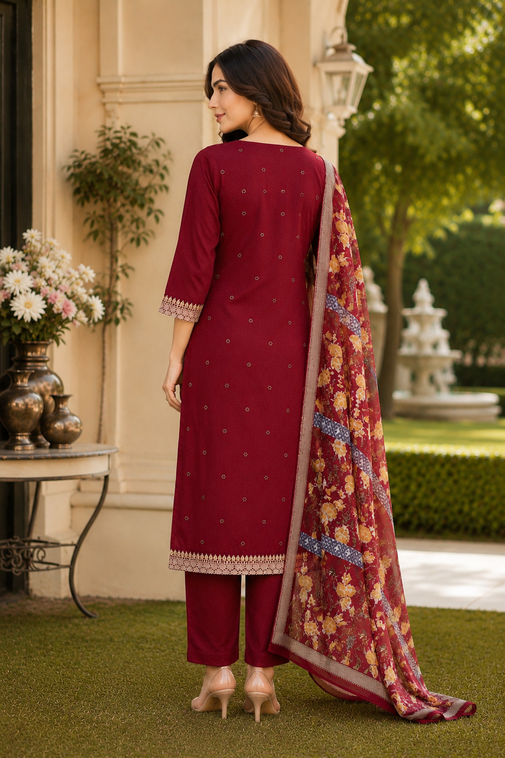 Elegant Maroon Straight Suit Set with Floral Printed Dupatta