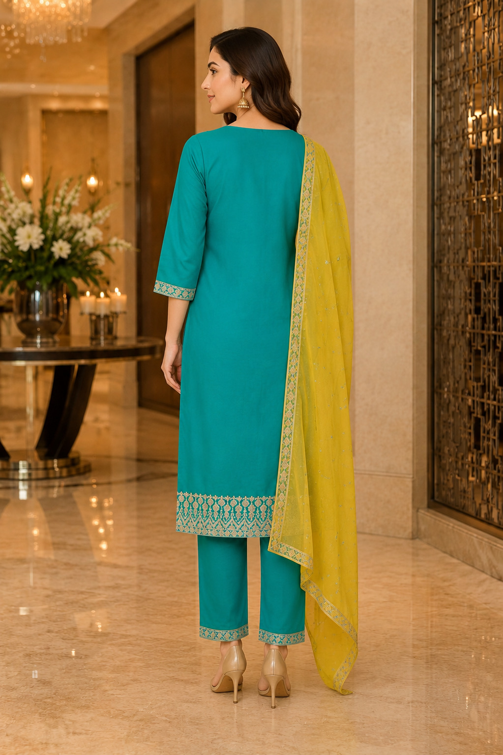 Turquoise Blue Straight Suit Set with Yellow Embroidered Dupatta