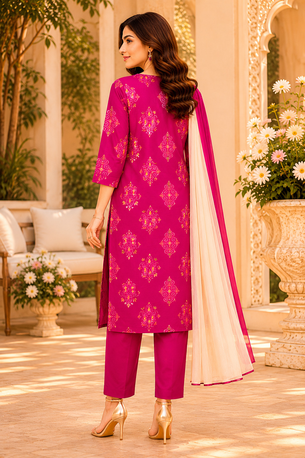 Elegant Fuchsia Pink Printed Straight Suit Set with Soft Dupatta