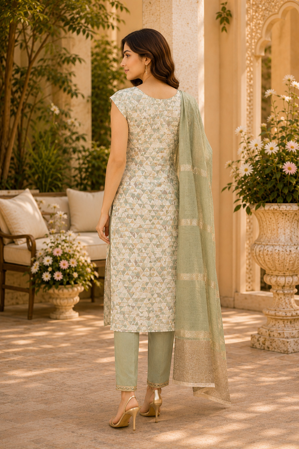 Elegant Sage Green Geometric Printed Straight Suit Set with Dupatta