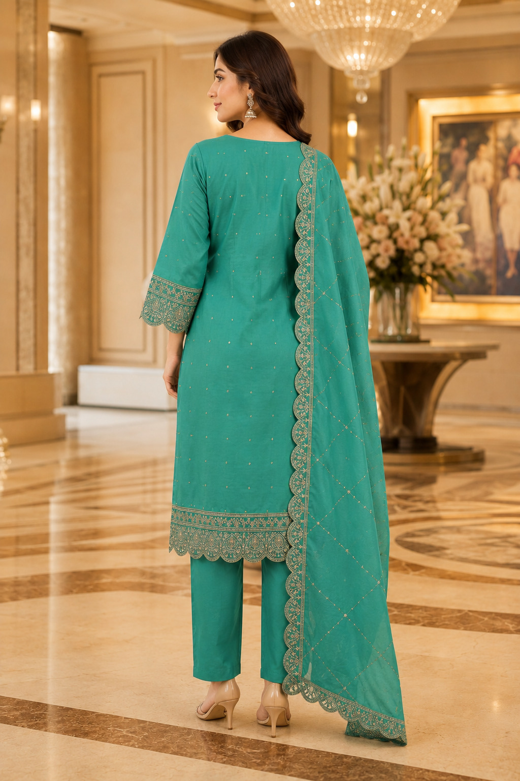 Elegant Teal Green Embroidered Straight Suit Set with Designer Dupatta