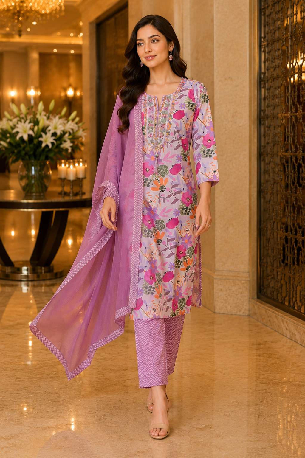 Lavender Floral Printed Straight Suit Set with Soft Dupatta