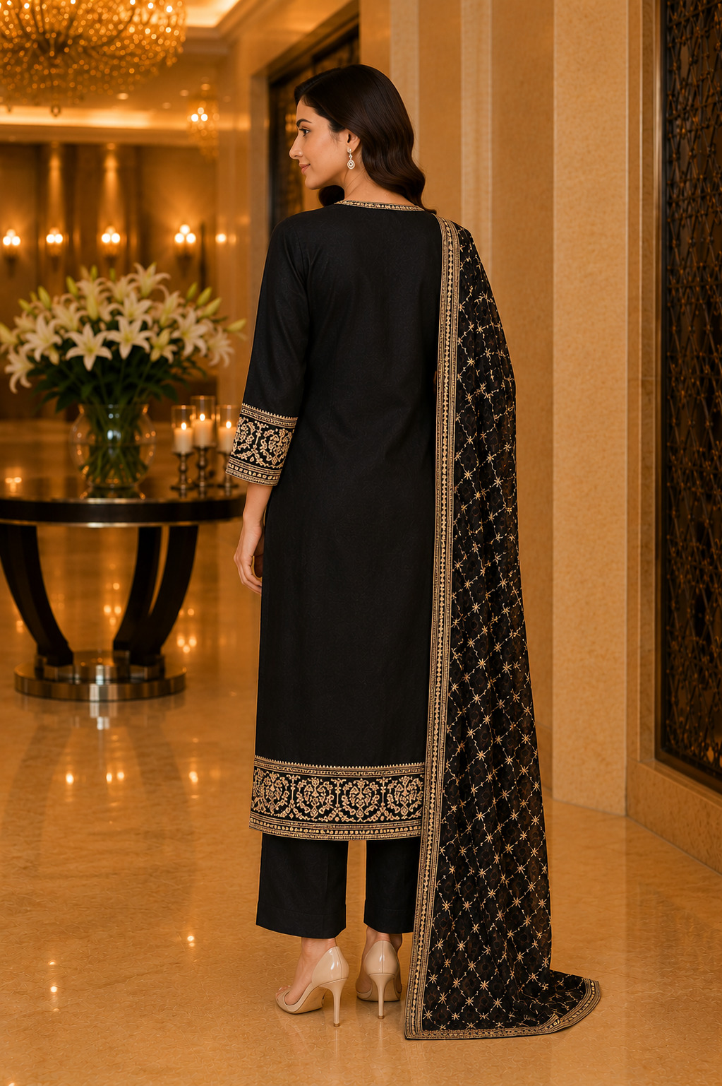 Luxury Black Embroidered Straight Suit Set with Designer Dupatta