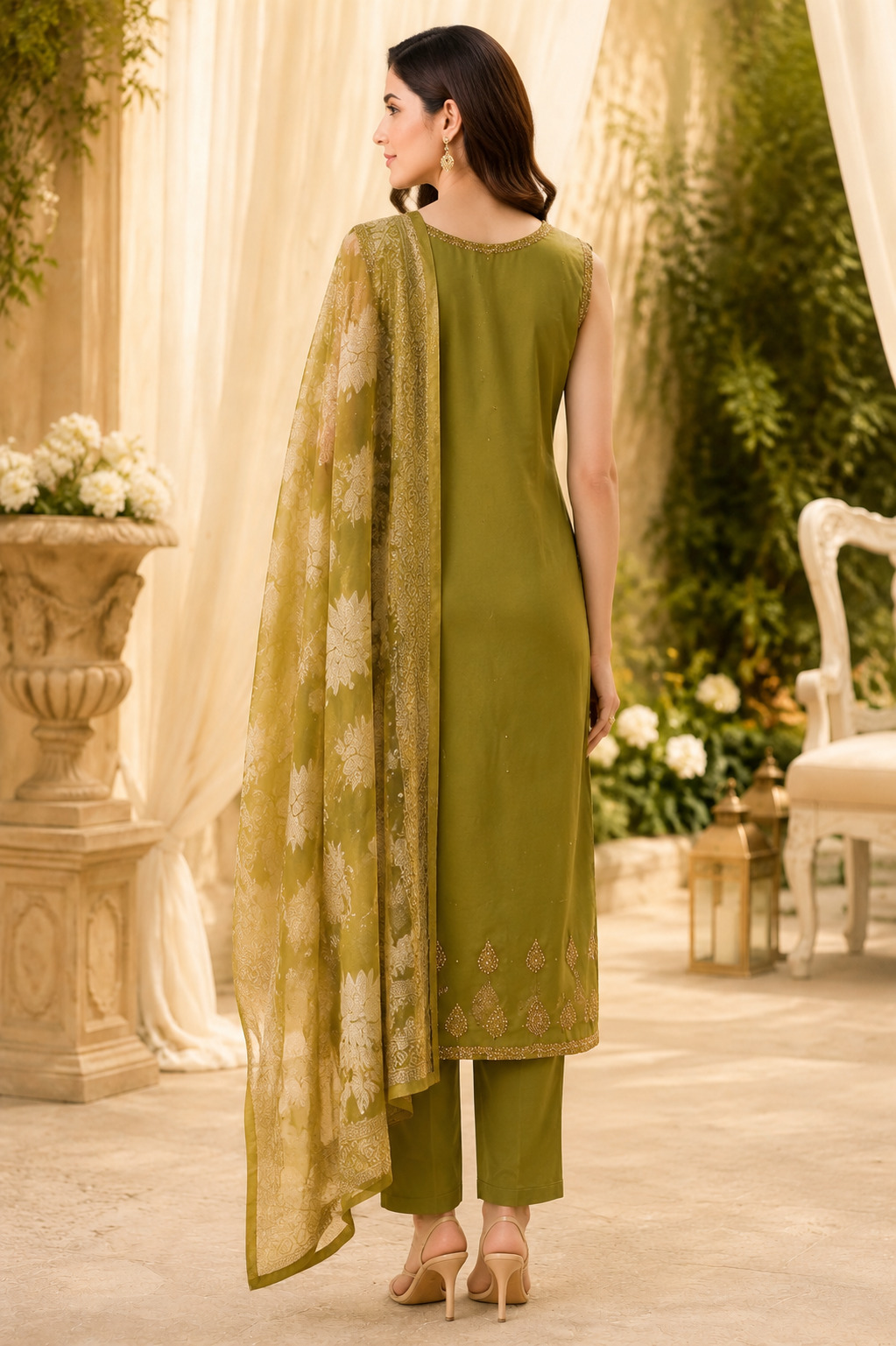 Henna Green Vichitra Silk Straight Suit Set with Woven Dupatta