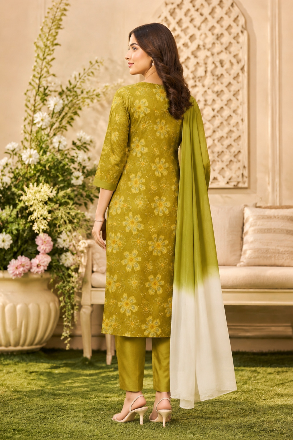 Henna Green Printed Premium Cotton Straight Suit Set with Ombre Dupatta