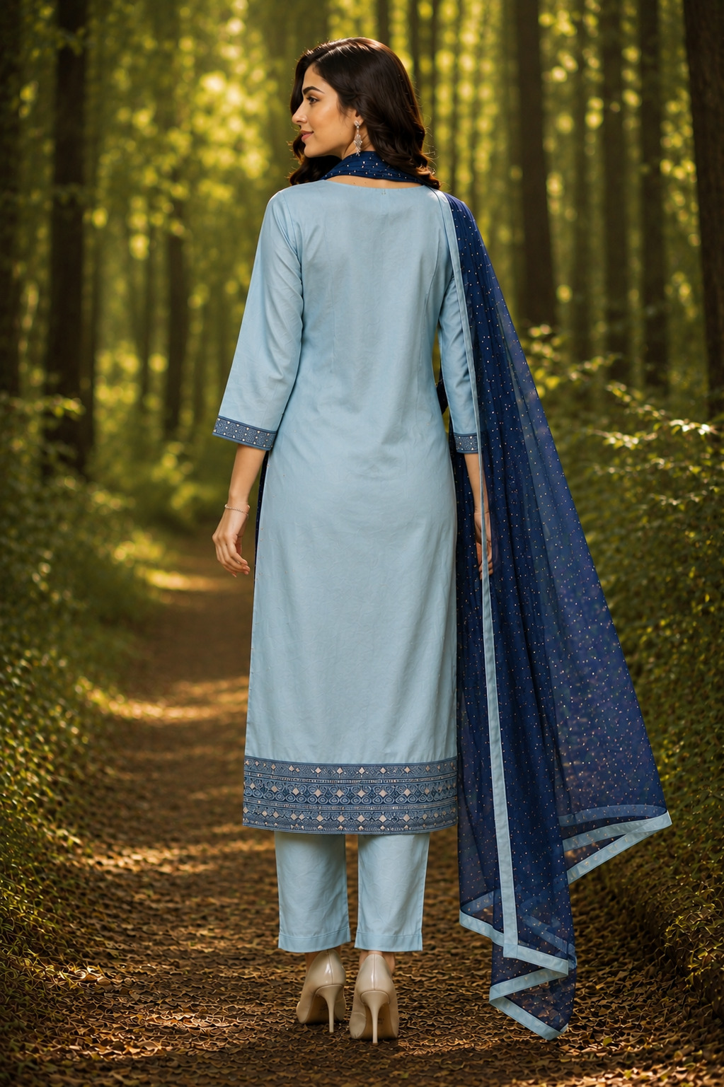 Powder Blue Printed Straight Suit Set with Contrast Dupatta in Soft Shimmer Silk