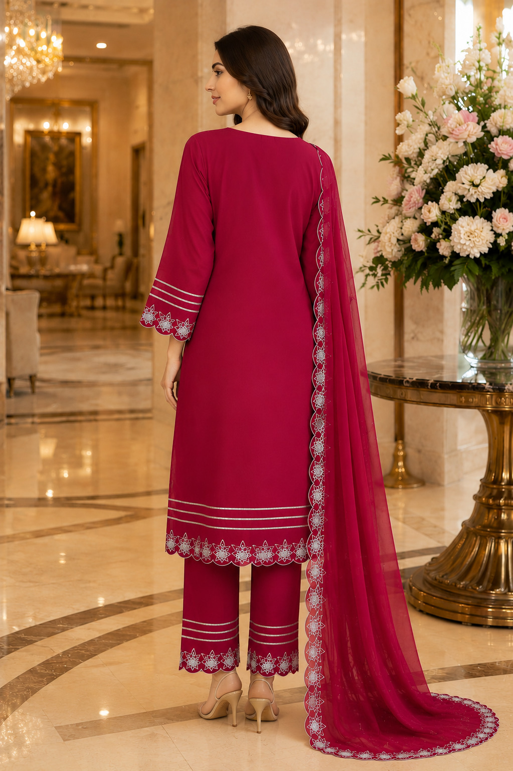 Premium Maroon Embroidered Straight Suit Set with Dupatta in Maslin