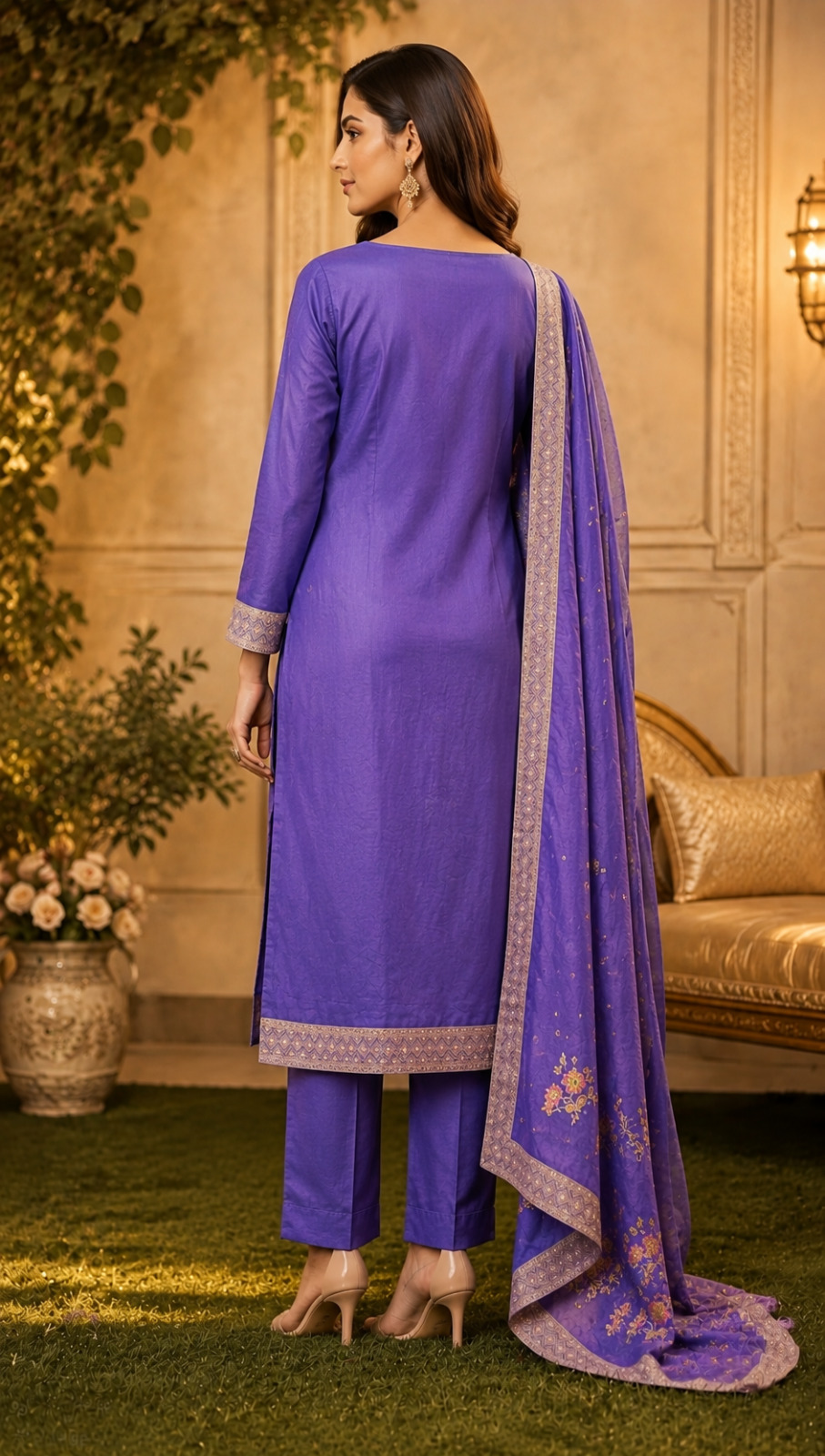 Royal Purple Embroidered Straight Suit Set in Premium Shimmer Silk