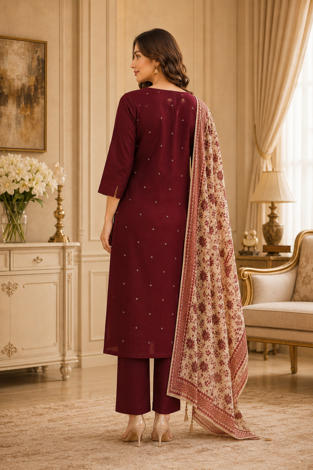 Wine Maroon Straight Suit Set with Soft Organza Dupatta in Premium Cotton Silk