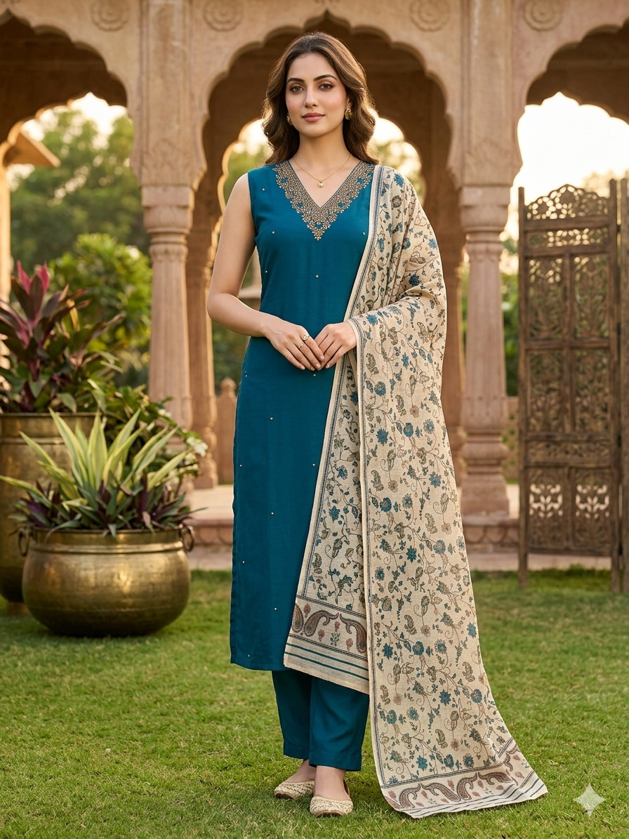 Turquoise Blue Straight Suit Set with Floral Printed Dupatta in Premium Blended Cotton Silk