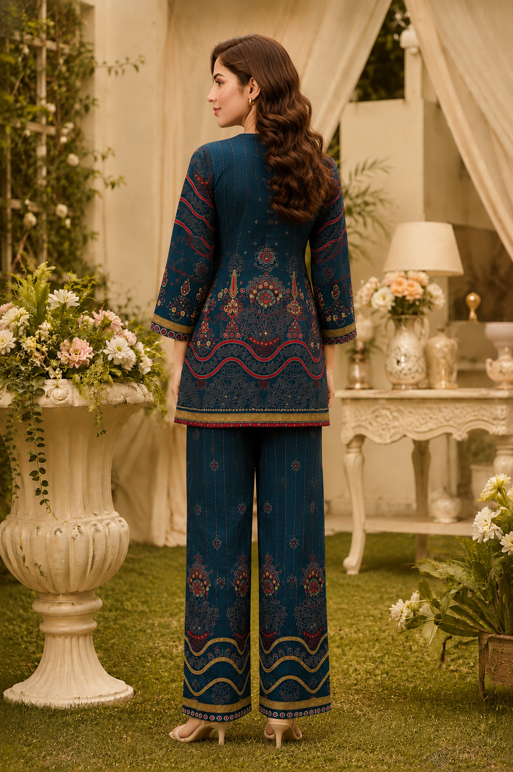 Navy Blue Printed Co-Ord Set in Soft Silk Viscose