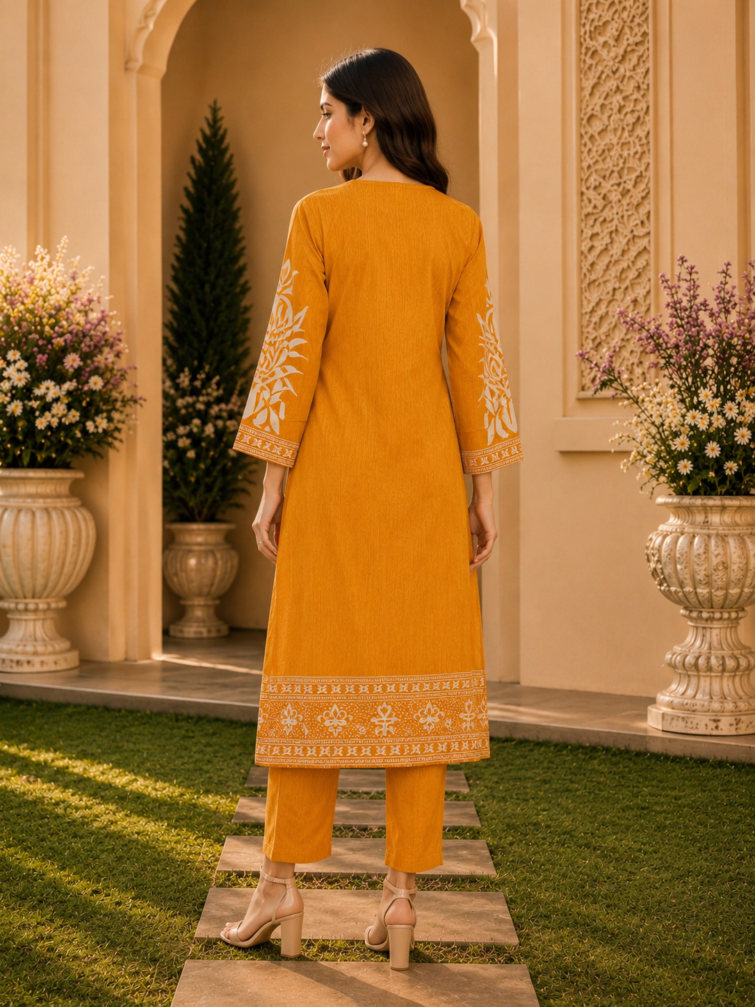 Mustard Yellow A-Line Kurta Pant Set in Premium Blended Silk Viscose
