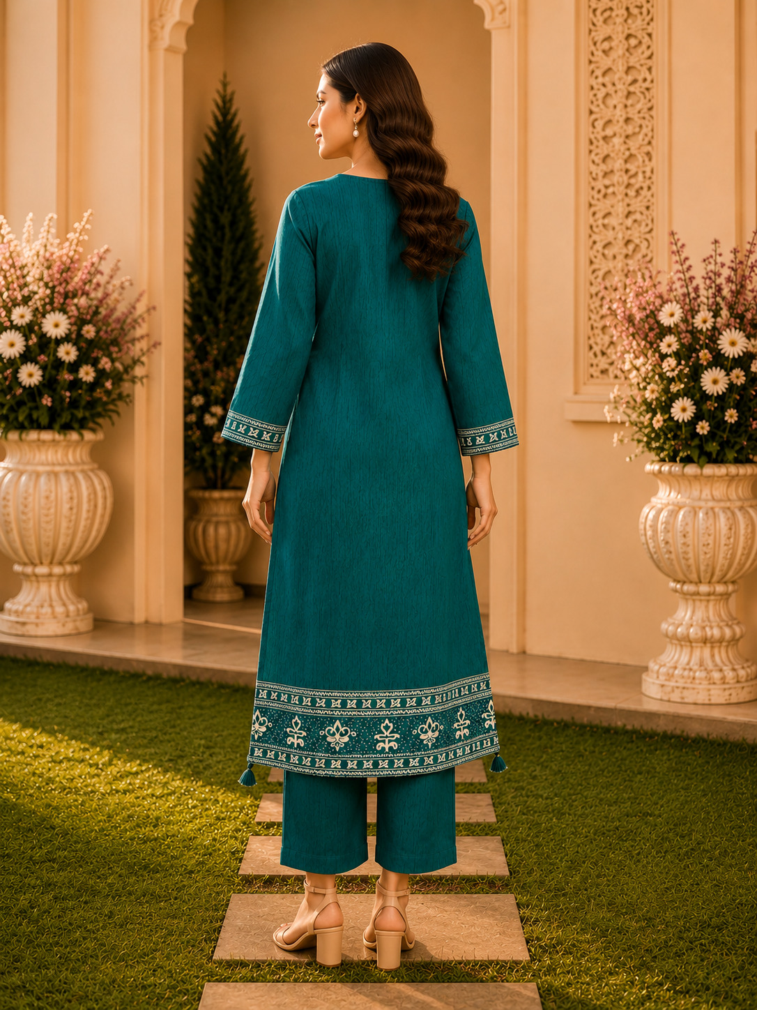 Dark Aqua A-Line Kurta Pant Set in Premium Blended Silk Viscose