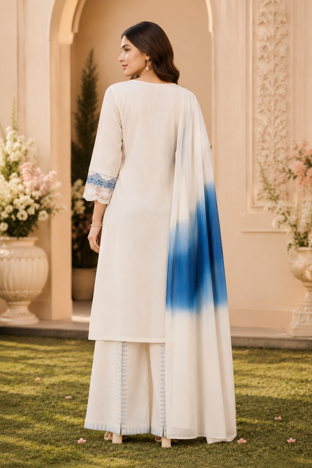 Ivory White & Sky Blue A-Line Dupatta Set in Premium Soft Jute with Embossed Detailing
