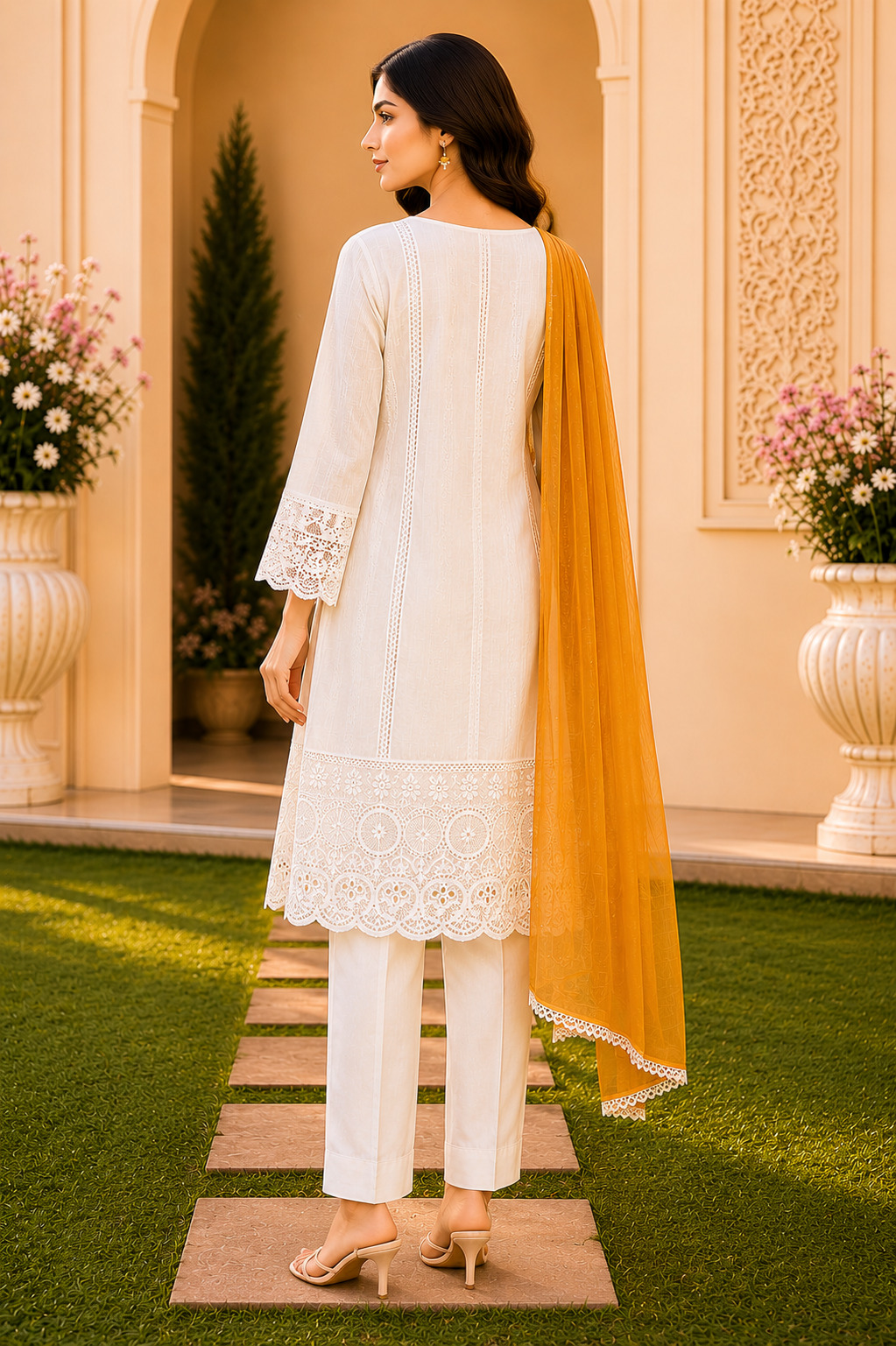 Ivory White A-Line Dupatta Set with Mustard Embroidery & Mirror Work in Premium Soft Jute