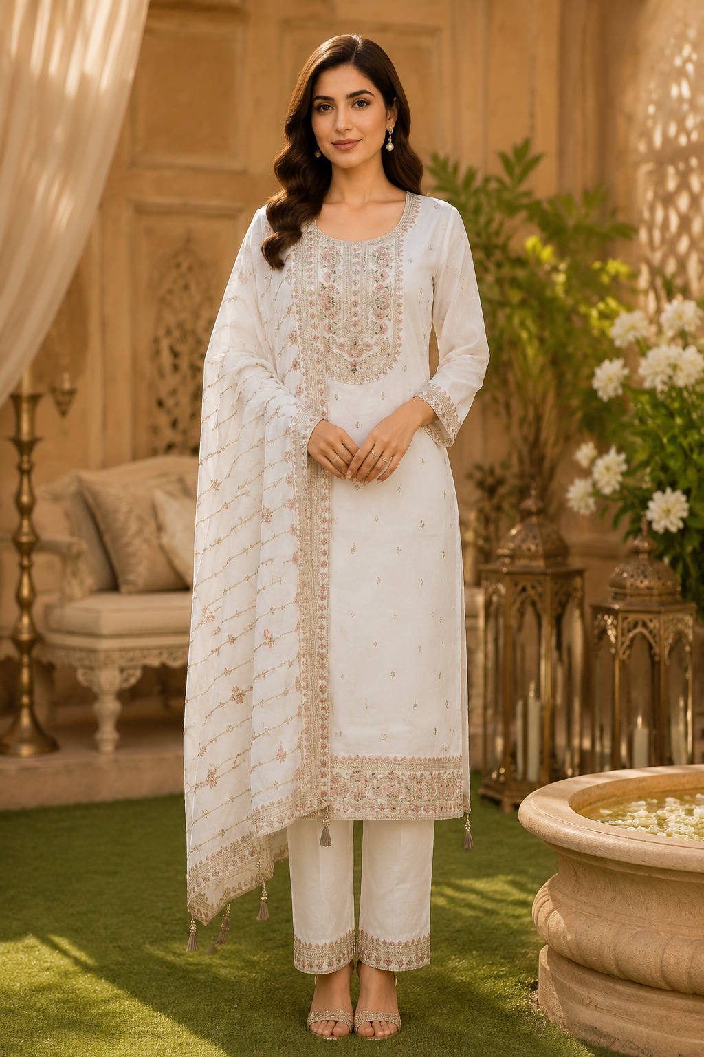 Ivory Butter Silk Straight Suit Set with Multi-Color Thread Embroidery & Dupatta