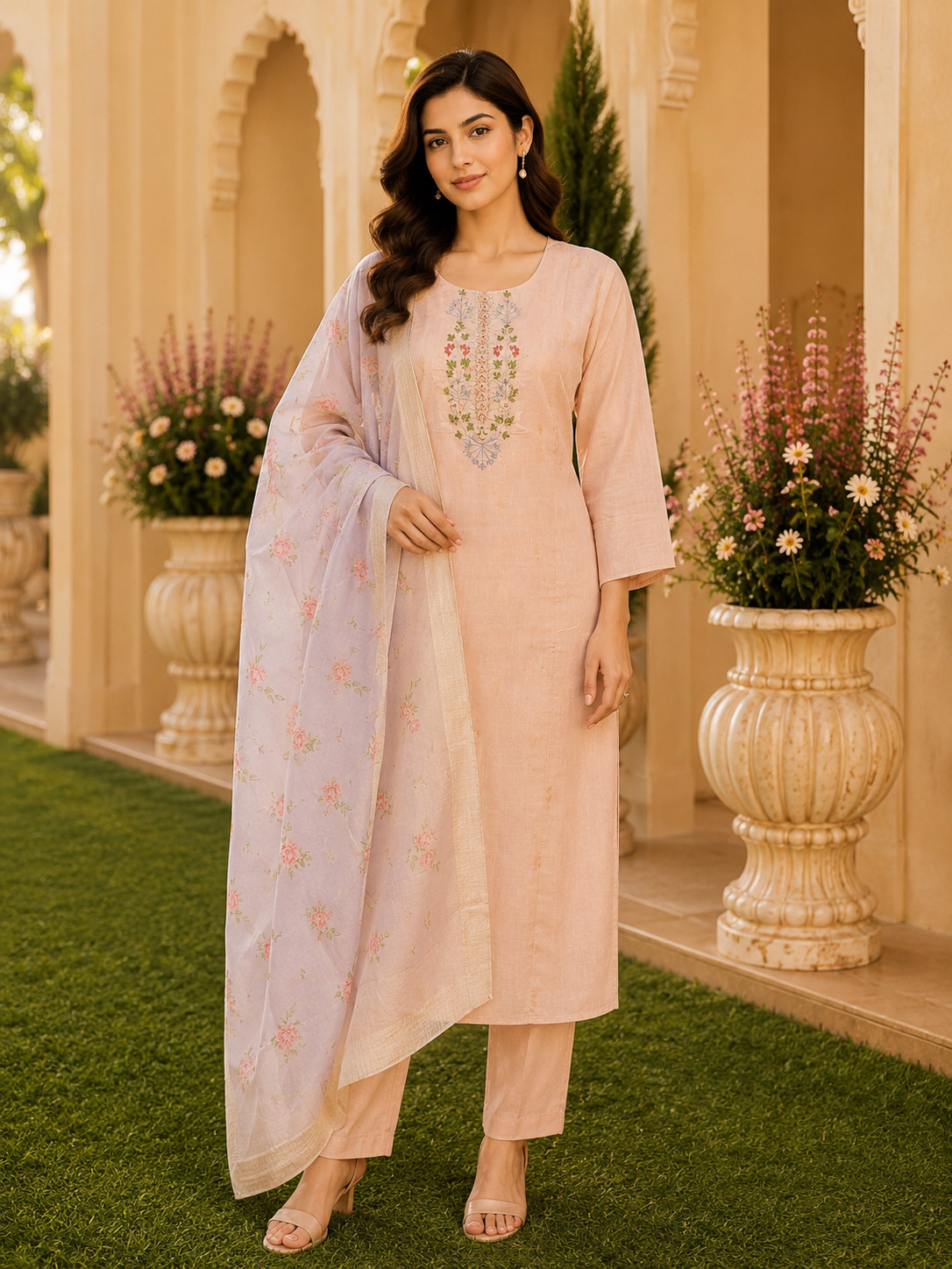 Beige Chanderi Silk Straight Suit Set with Multi-Color Thread Embroidered Neckline & Blush Pink Organza Dupatta