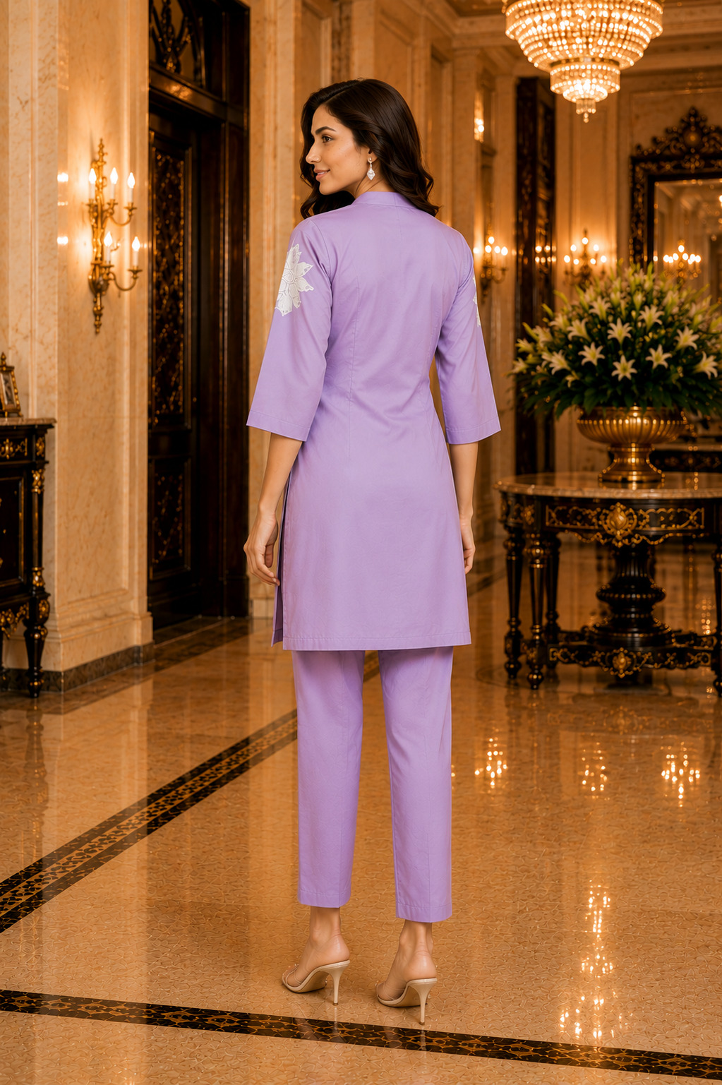 Lavender Cotton Silk Embroidered Co-Ord Set for Women