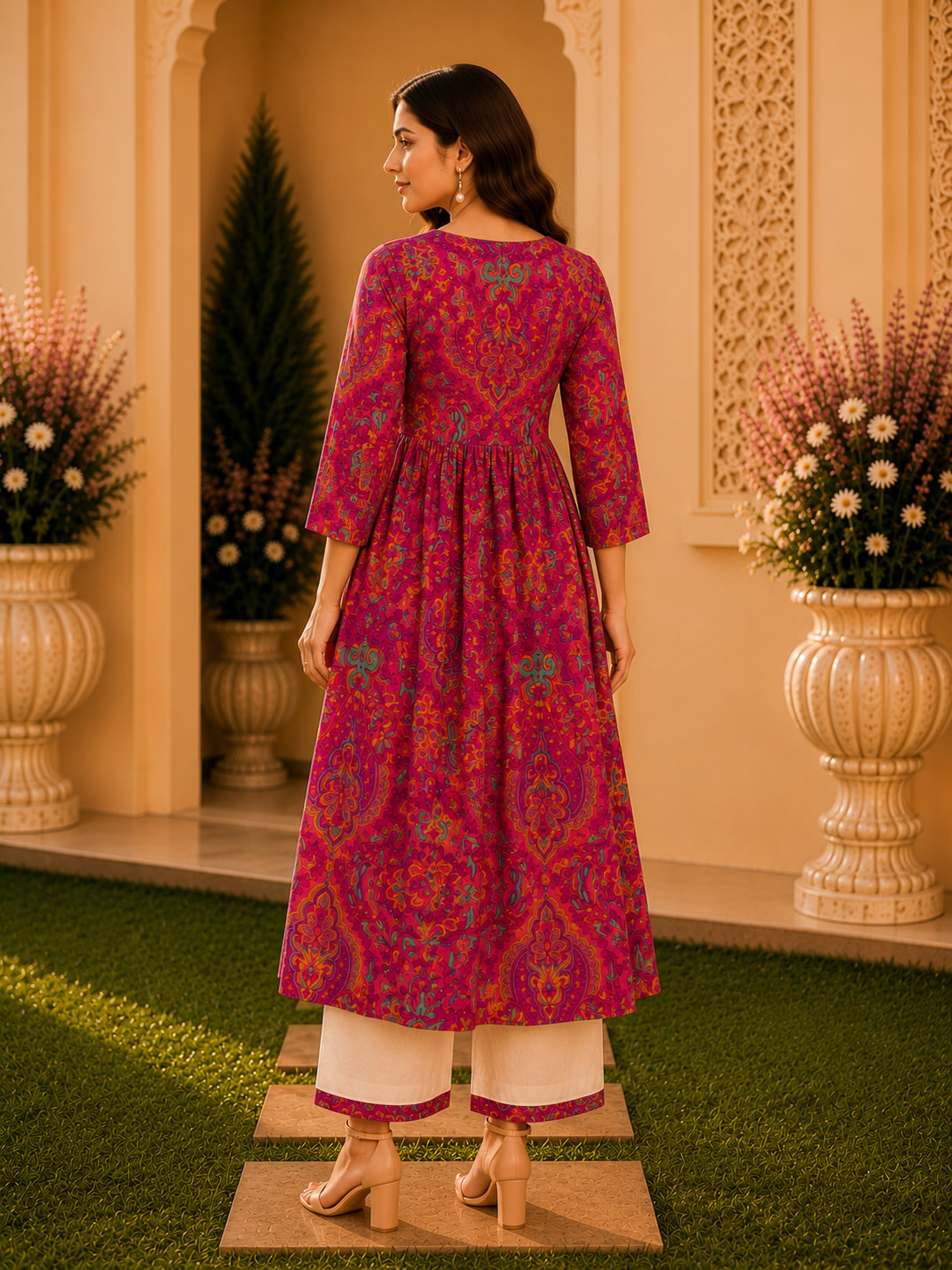 Rani Pink Printed Aliya Cut Frock Style Kurta & Pant Set for Women