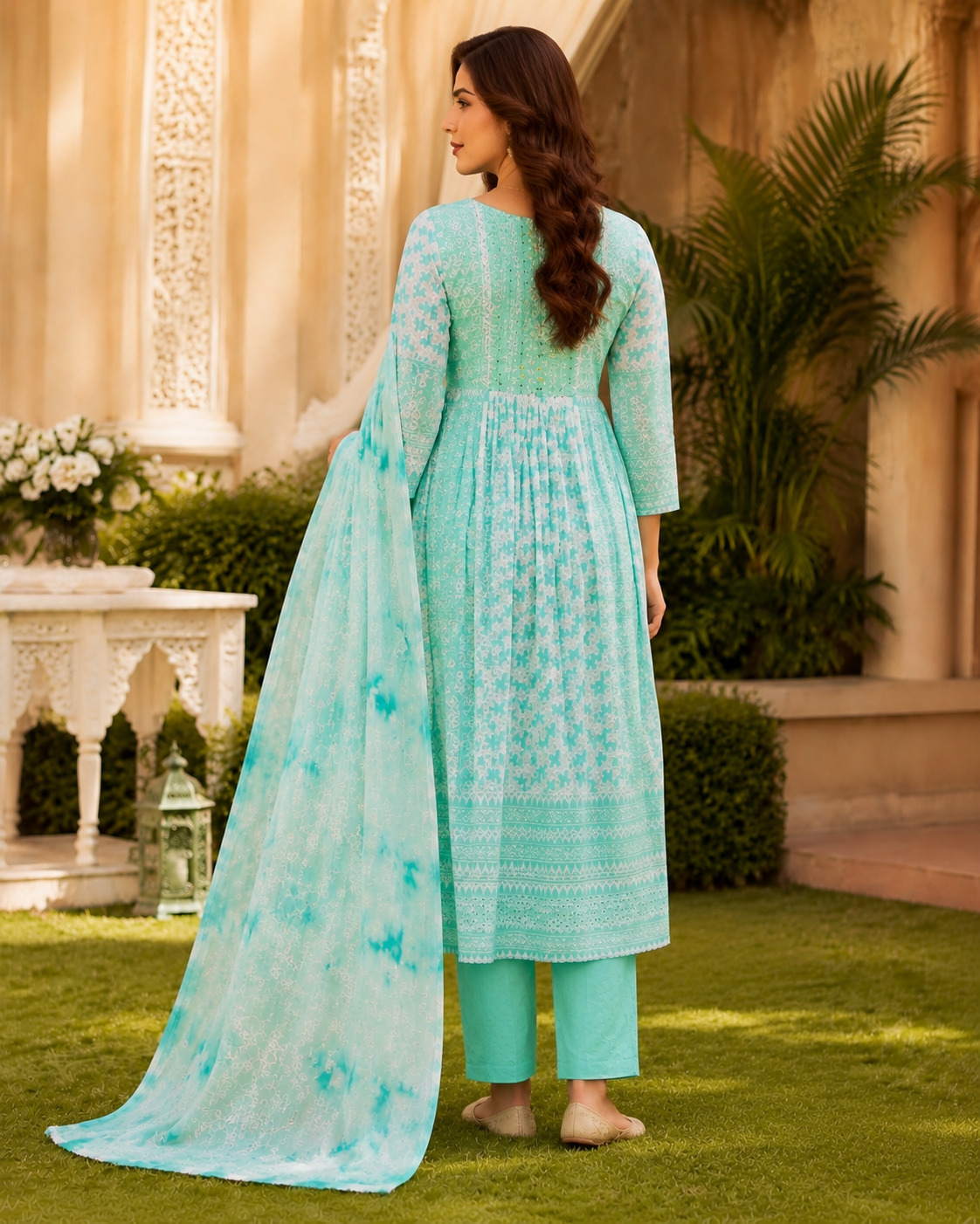 Off-White & Aqua Blue Printed Naira Cut Frock Style Kurta, Pant & Dupatta Set