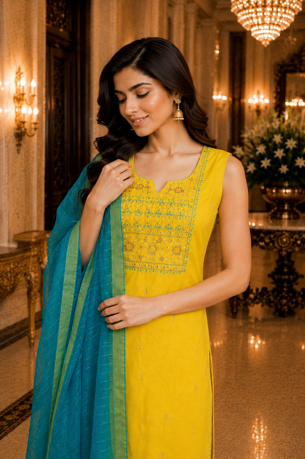 Mustard Yellow Embroidered Straight Suit Set with Teal Blue Dupatta